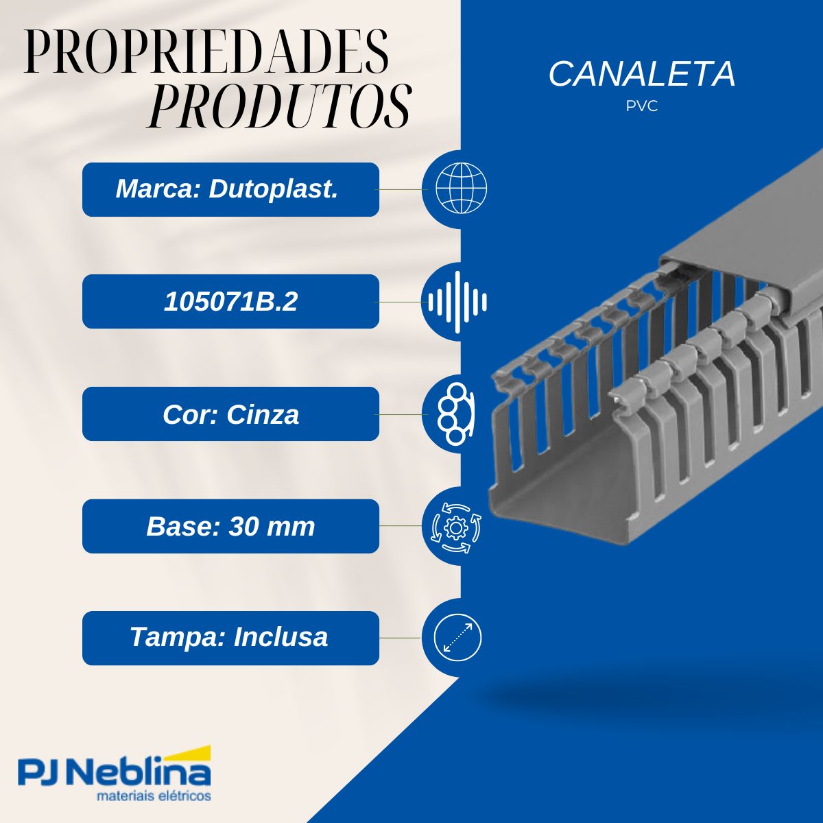 Canaleta Pvc Rec Aberto 30X30 (Br C/2M) Cz C/Tampa S/Divisória S/Adesivo - Dutoplast