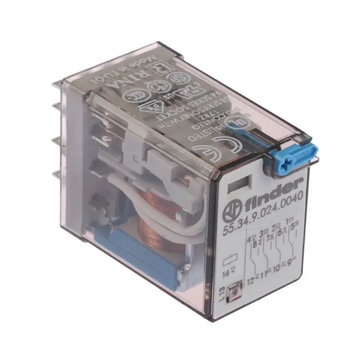 Mini Relé Industrial 24Vcc 6A Fixação Base 4 Contatos Reversíveis - Finder
