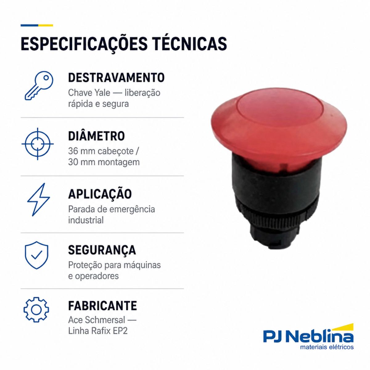 Botão Emergência Cogumelo 36 mm Chave Yale 30 mm Plástico Vermelho - Ace Schmersal