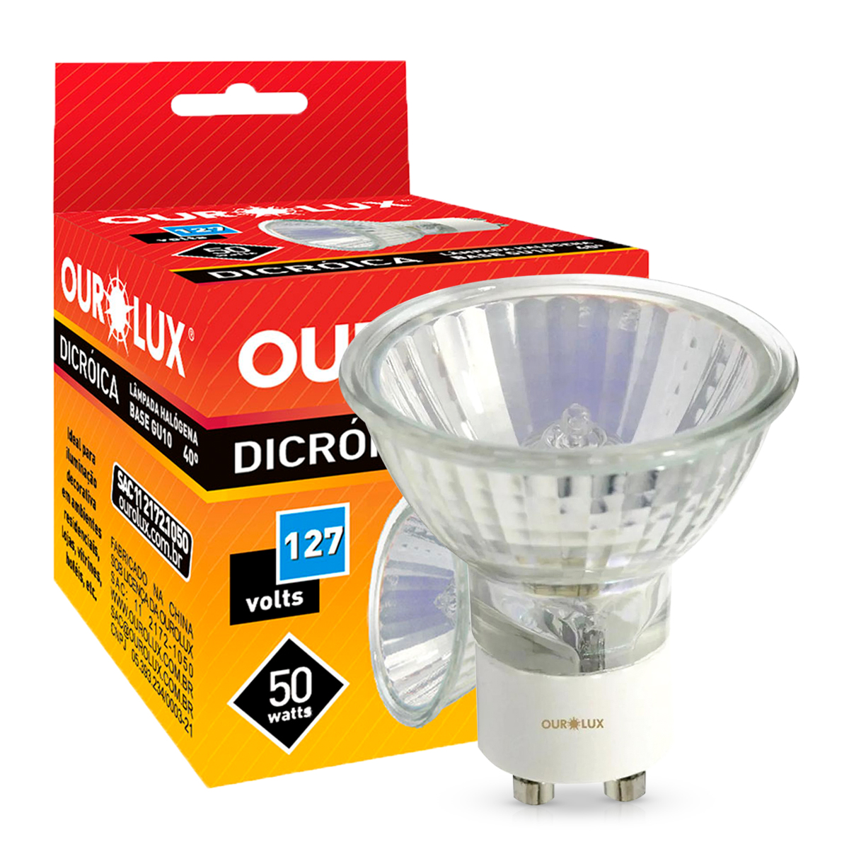 Lâmpada Halógena Dicroica Mr16 50W 127V Gu10 Luz Amarela 40G - Ourolux