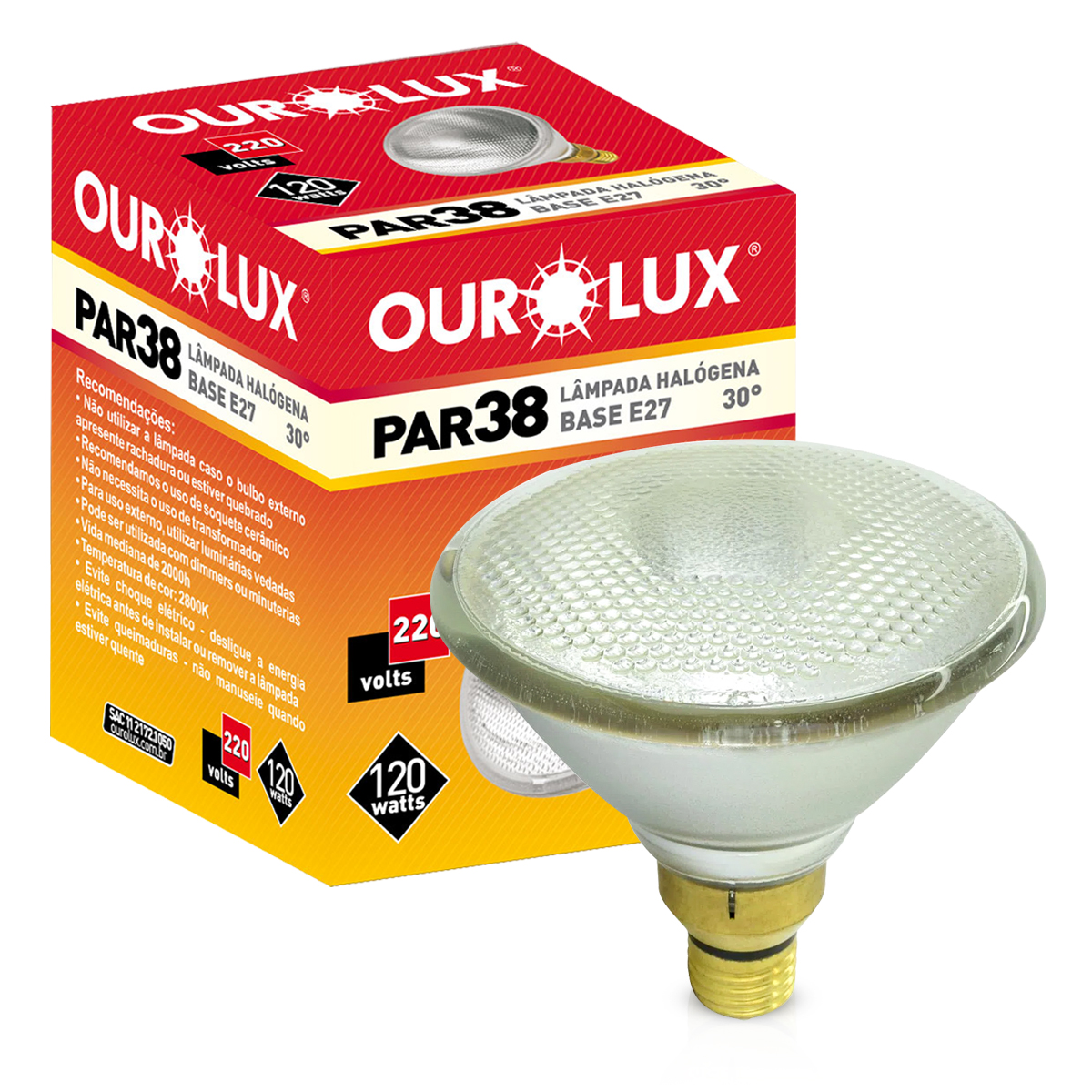 Lâmpada Halógena Par38 120W 240V E27 Luz Amarela 30G Dimerizável - Ourolux