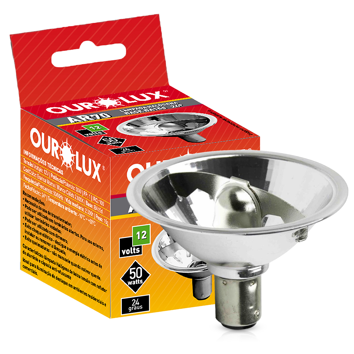 Lâmpada Halógena Ar70 50W 12V Ba15D Luz Amarela 24G Dimerizável - Ourolux