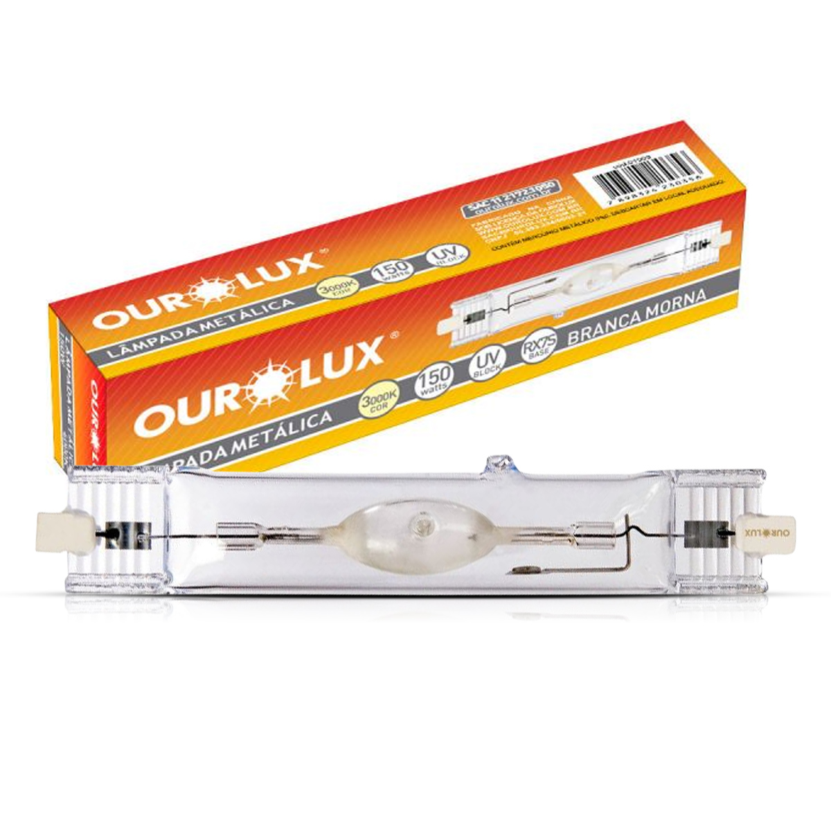 Lâmpada Vapor Metálico Duplo Contato 150W Rx7S 4000K Luz Neutra 135Mm - Ourolux