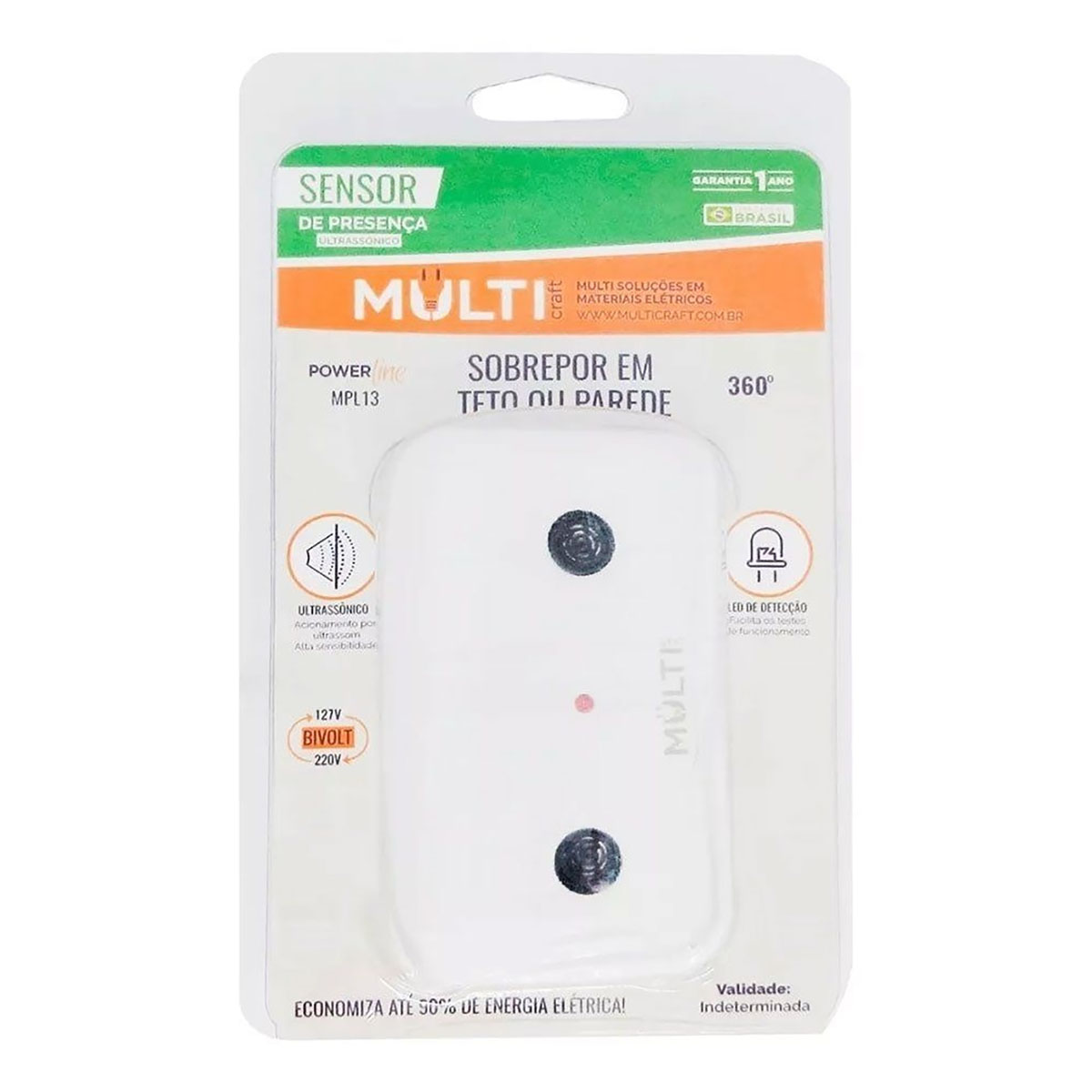Sensor Presença Ultrassônico Sobrepor Bivolt Alcance 8 Metros Branco - Multicraft