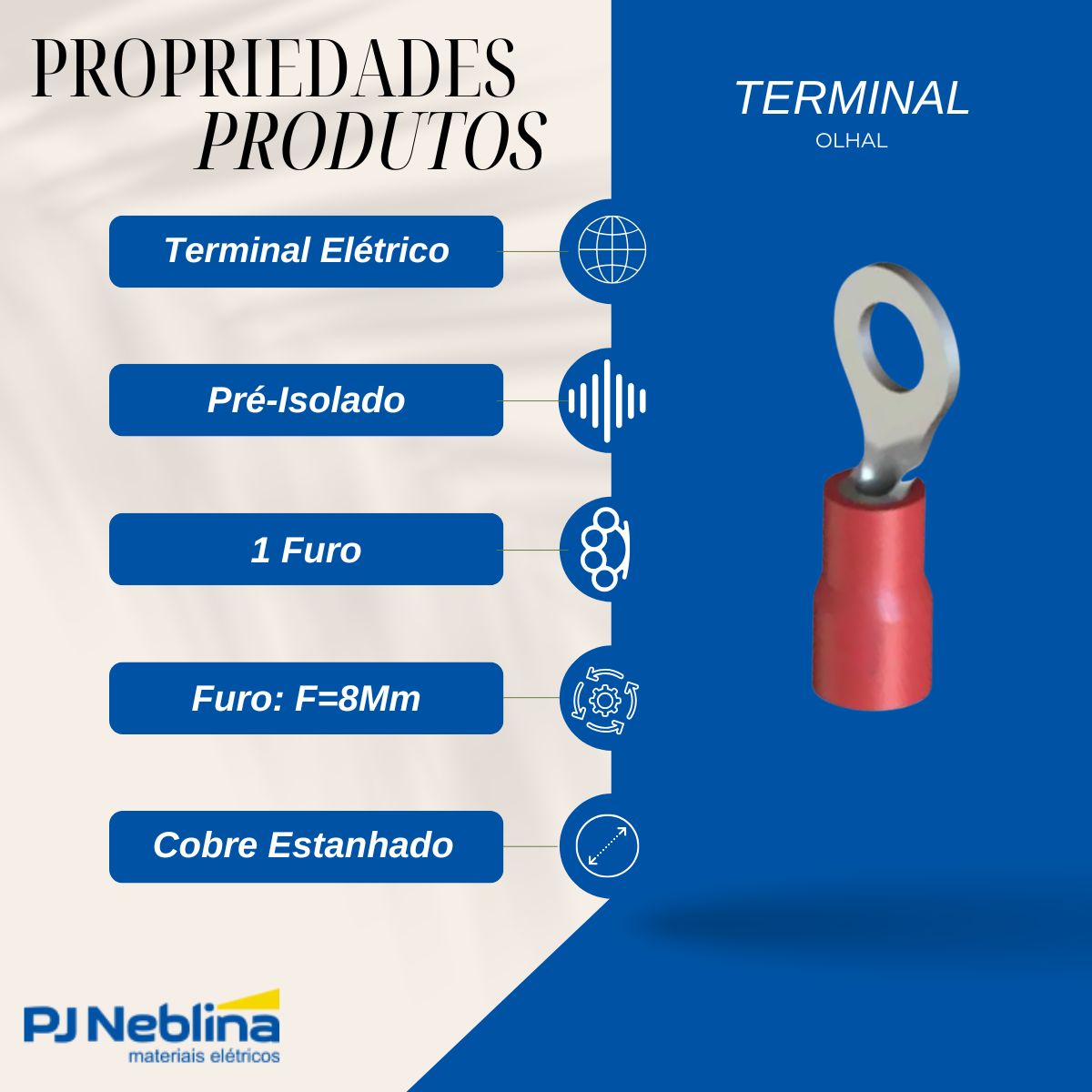 Terminal Olhal 10mm (8awg) Pre-isolado Vm 1 Furo F=8mm 5/16