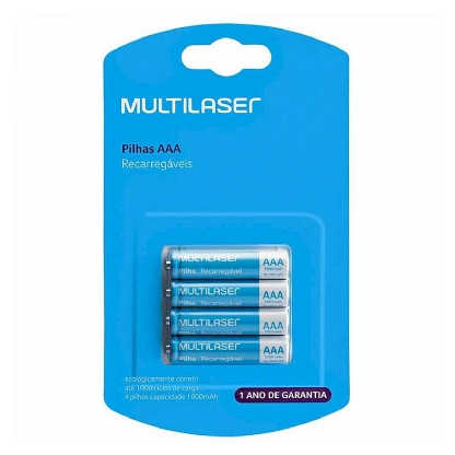 Pilha Recarregável Palito AAA 1000Mah Cartela Com 4 Unidades - Multilaser