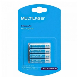 Pilha Recarregável Palito AAA 1000Mah Cartela Com 4 Unidades - Multilaser