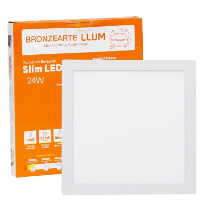 Luminária Plafon Painel LED Embutir Quadrada 24W 3000K Luz Amarela - Bronzearte