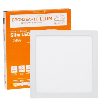 Luminária Plafon Painel LED Embutir Quadrado 24W Branco Frio 6500K Luz Branca - Bronzearte