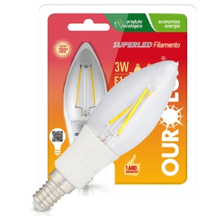 Lâmpada Led Filamento Vela 3W Bivolt E14 2700K Luz Amarela - Ourolux