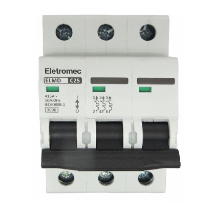 Disjuntor Mini Din Tripolar 25A Curva C 3Ka 400/440V ELMD-3C25 - Eletromec