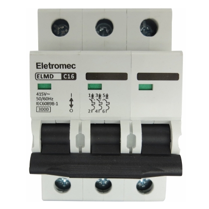 Disjuntor Mini Din Tripolar 16A Curva C 3Ka 400/440V ELMD-3C16 - Eletromec