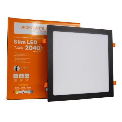 Luminária Painel Led Embutir Quadrado Preto 24W Bivolt 4000K Luz Branca 2040Lm - Bronzearte
