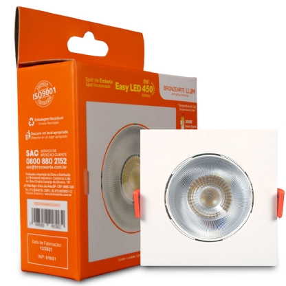 Luminária Painel Led Embutir Quadrada Branco 5W Bivolt 4000K Luz Branca 400Lm Facho Direcionável - Bronzearte