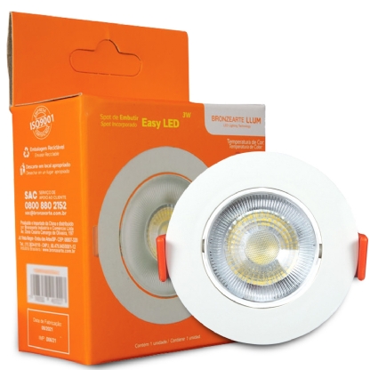 Luminária Spot Led Embutir Redonda Cinza 3W Bivolt 6500K Luz Branca 240Lm Difusor Acrílico - Bronzearte