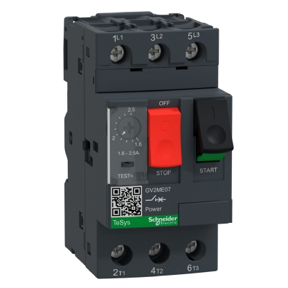 Disjuntor Motor Tripolar Termomagnético 2,5A 1,6-2,5A 400/415V 100Ka 400/415V 50/60Hz GV2ME07 - Schneider Electric