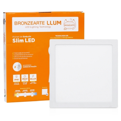 Luminária Painel Slim Led Embutir Quadrado Branco 18W Bivolt 3000K Luz Amarela - Bronzearte