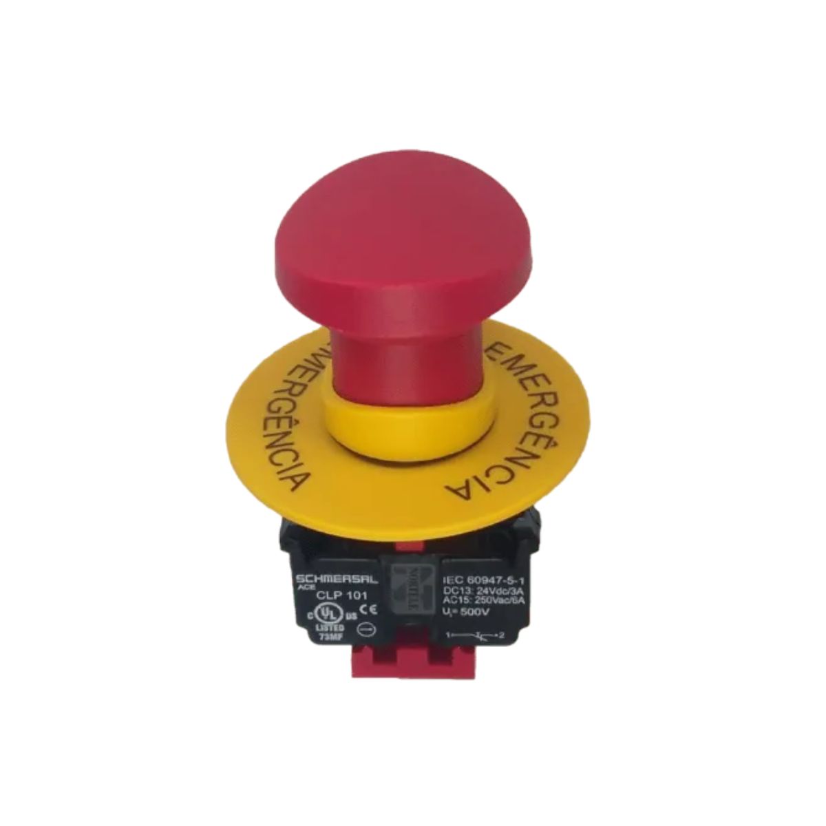 Botão Emergência Cogumelo 40 mm Empurrar/Puxar Destr 22 mm Plástico Vermelho 1Nf C/Placa De Emergência 60 mm - Ace Schmersal