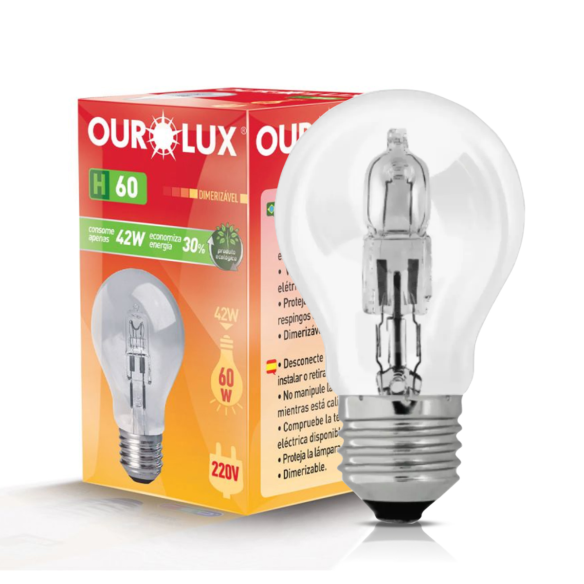 Lâmpada Halógena Bulbo A55 Clara 42W 220V E27 Luz Amarela Dimerizável - Ourolux
