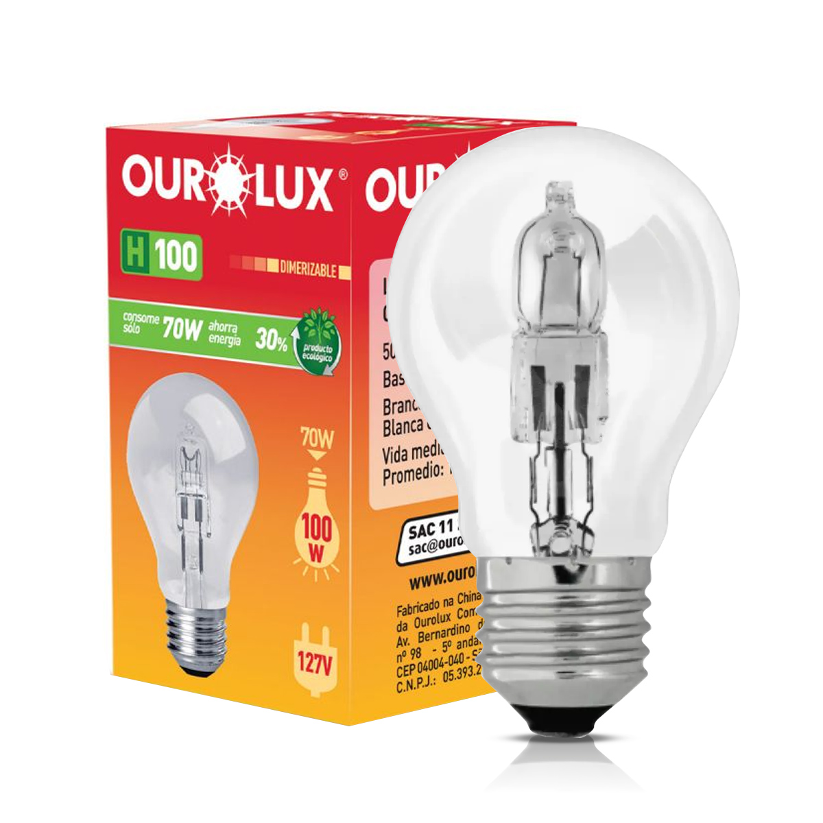 Lâmpada Halógena Bulbo A55 Clara 70W 127V E27 Luz Amarela Dimerizável - Ourolux