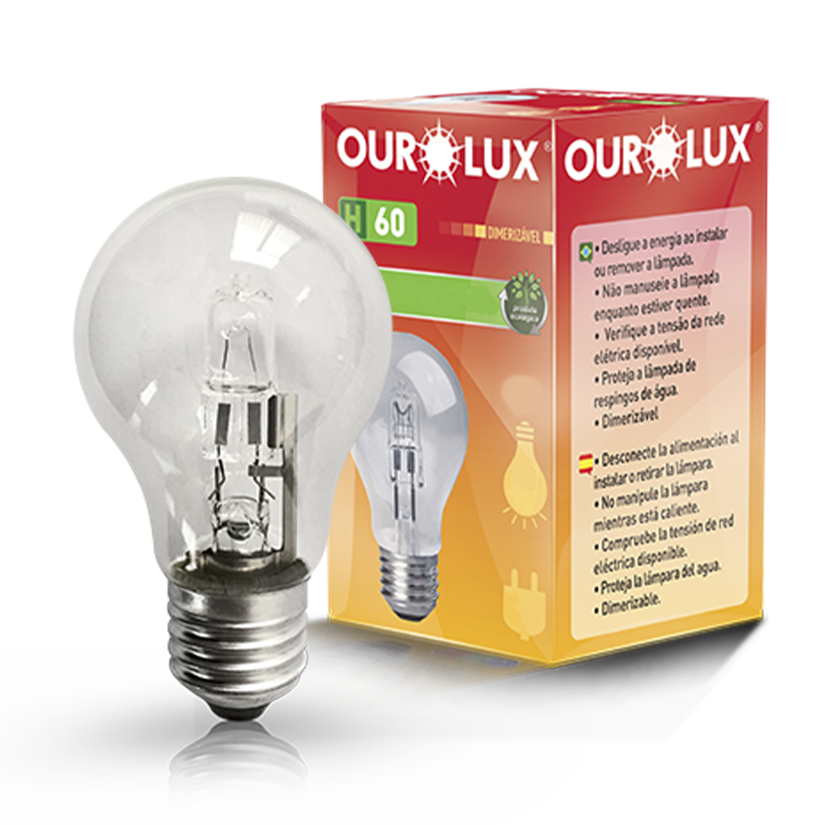 Lâmpada Halógena Bulbo A55 Clara 70W 220V E27 Luz Amarela Dimerizável - Ourolux