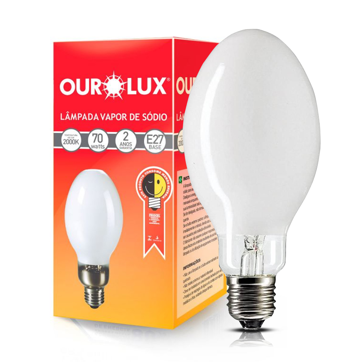 Lâmpada Vapor Sódio Ovoide 70W E27 2000K Luz Amarela - Ourolux