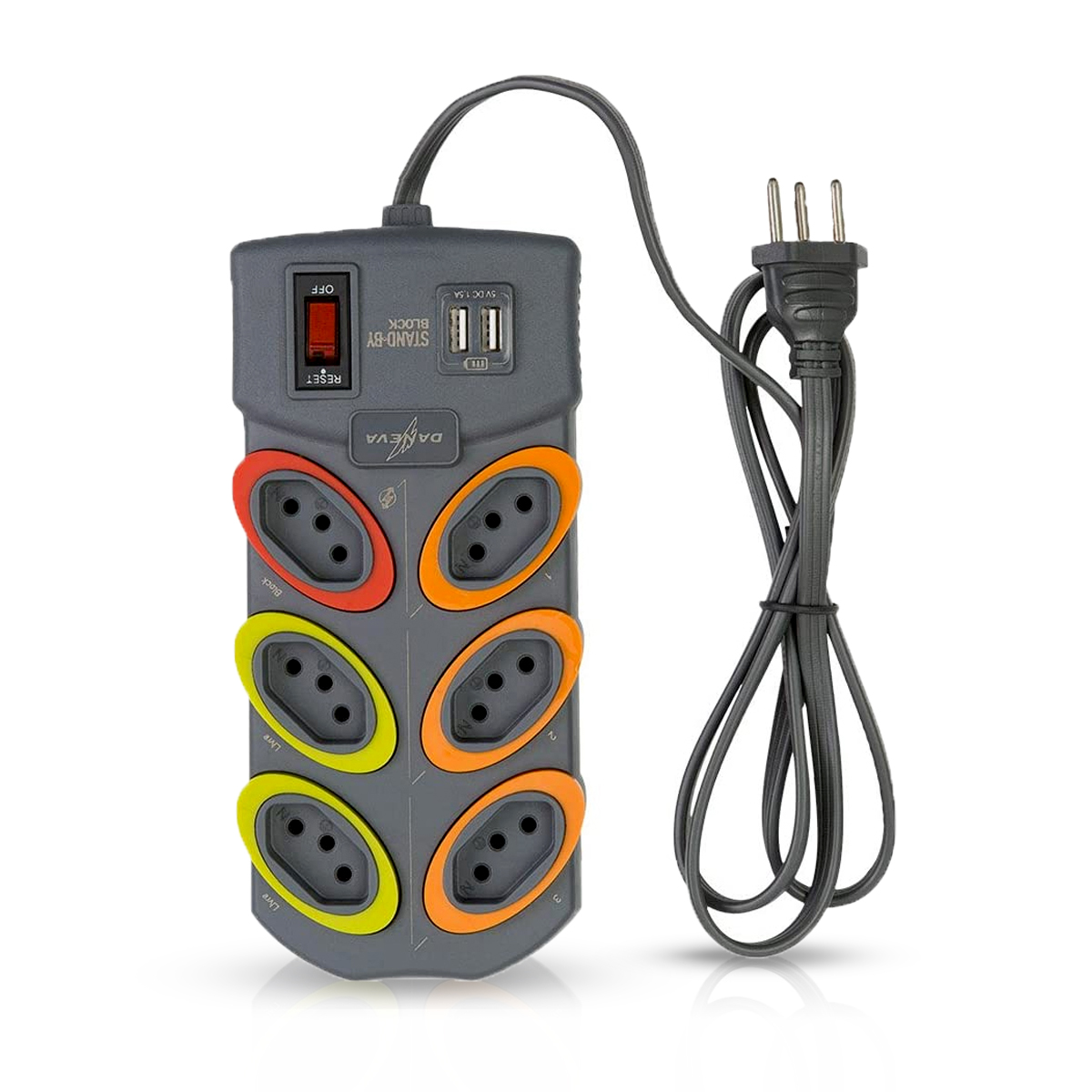Filtro Linha Stand By Block 6 Tomadas+2 Usb Bivolt Cabo Pp Plano 3 X 0,75mm 1,30 Metros - Daneva