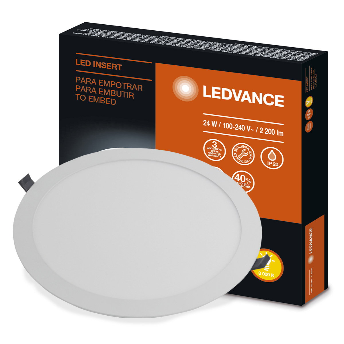 Luminária Painel Led Embutir Redondo Branco 24W Bivolt 3000K Luz Amarela - Ledvance