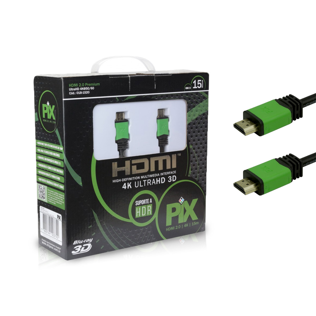 Cabo HDMI 2.0 Ultrahd 3D 4K 15 Metros Com Filtro Preto - Chipsce