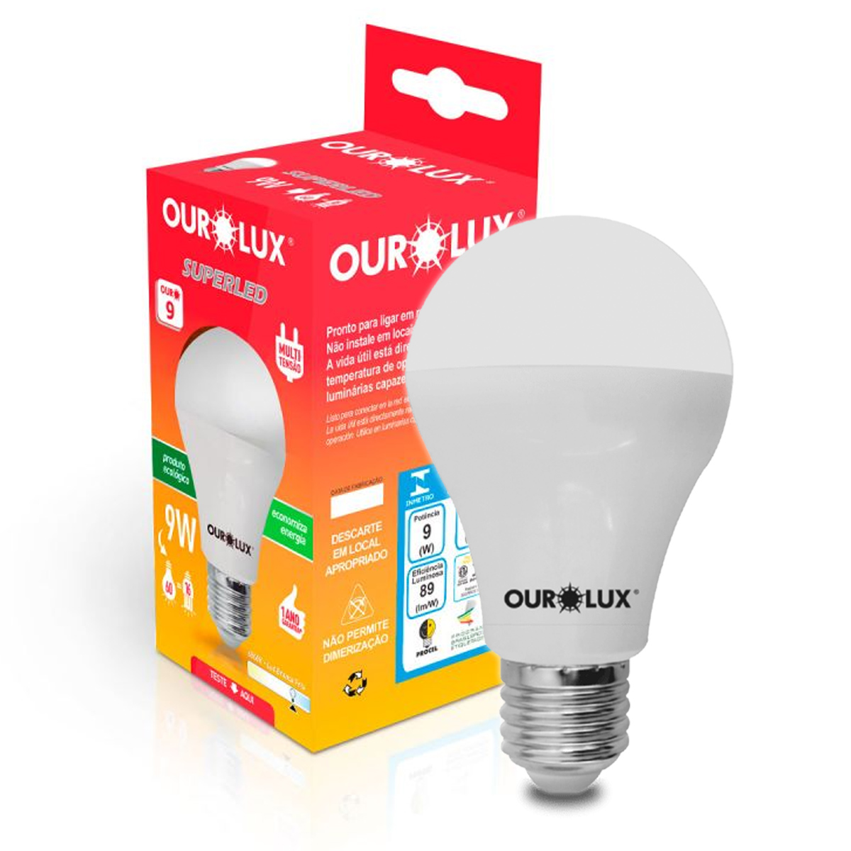 Lâmpada Led Bulbo A60 9W Bivolt E27 3000K Luz Amarela - Ourolux