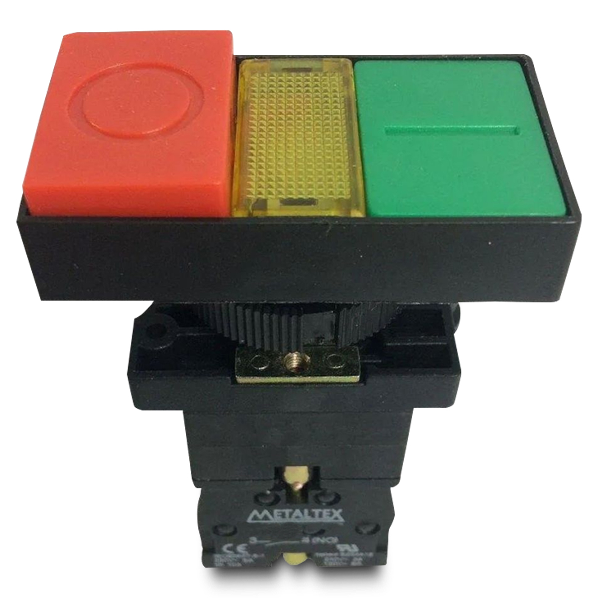 Botão Duplo Comando Iluminado Plástico 1Na+1Nf Verde/Vermelho 220V 22Mm Retangular - Metaltex