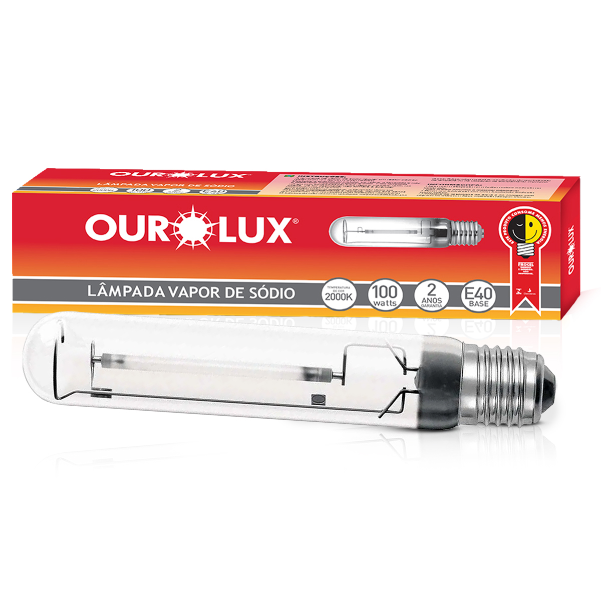 Lâmpada Vapor Sódio Tubular 100W E40 2000K Luz Amarela - Ourolux