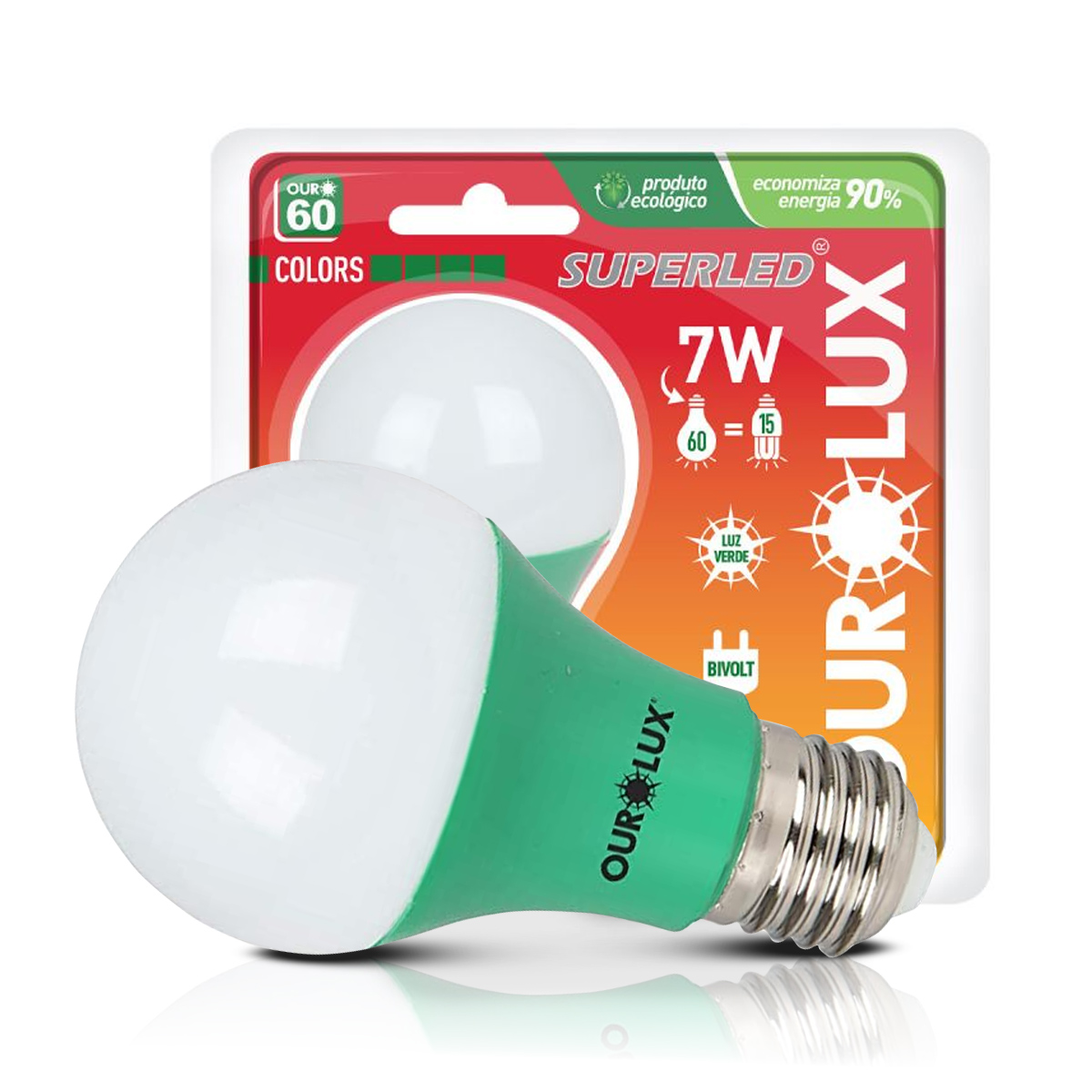 Lâmpada Led Bulbo A60 7W Bivolt E27 Verde - Ourolux