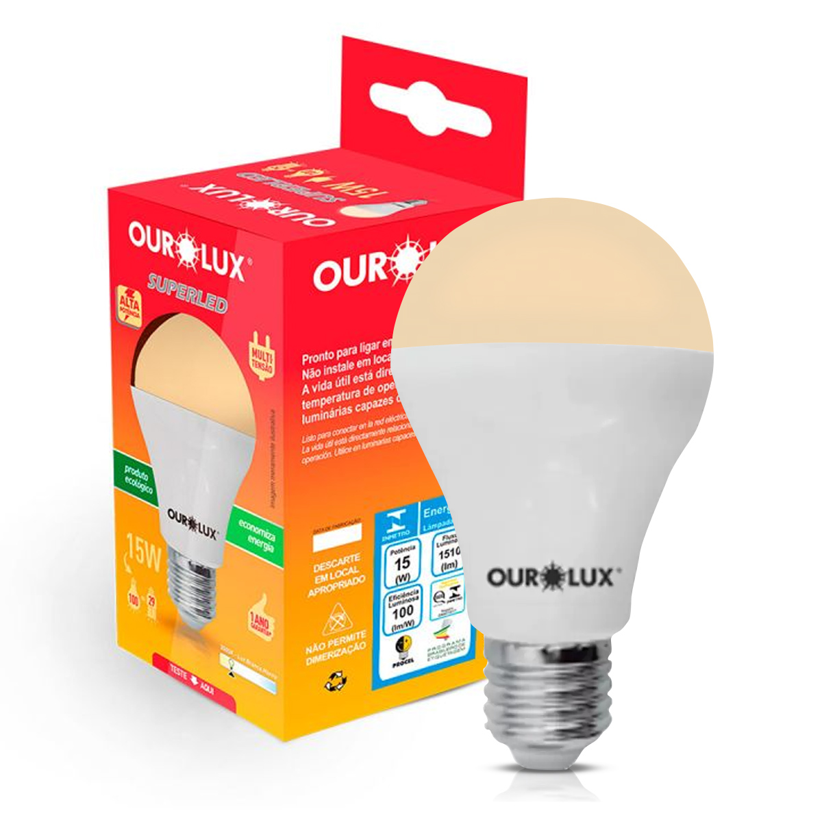 Lâmpada Led Bulbo Alta Potência A60 15W Bivolt E27 3000K Luz Amarela - Ourolux