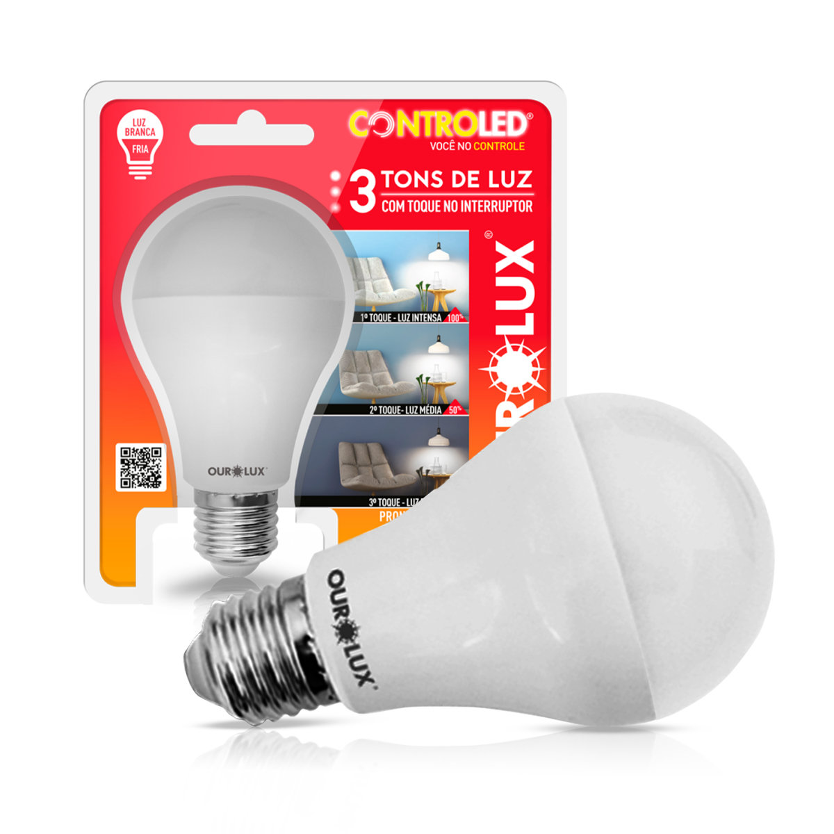 Lâmpada Led Inteligente Smart 3 Tons Dimmer 9W Bivolt E27 6500K Luz Branca - Ourolux