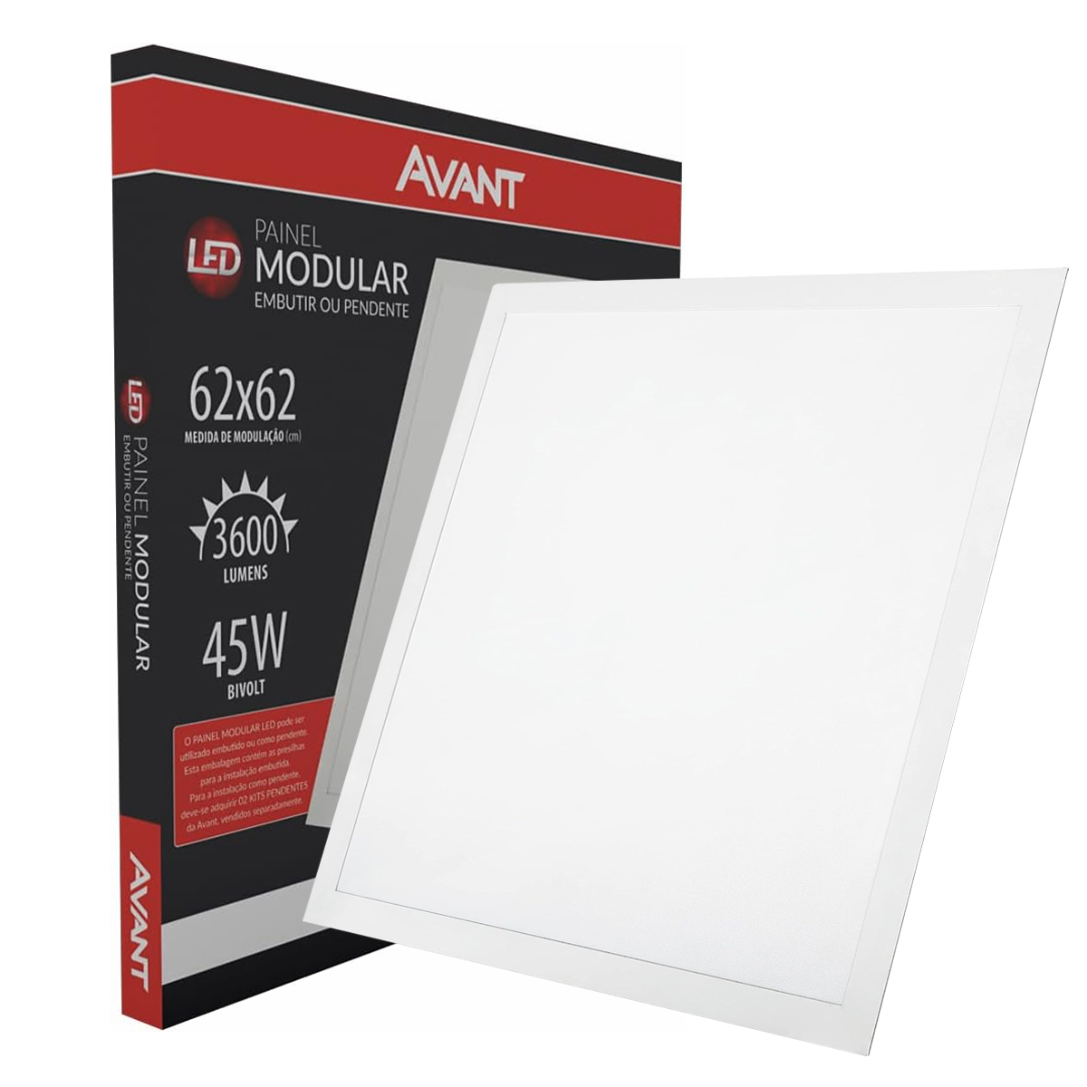 Painel Led Modular Embutir 45W 6500K Luz Branca Bivolt 3600Lm 25000H Ip20 625x625Mm - Avant
