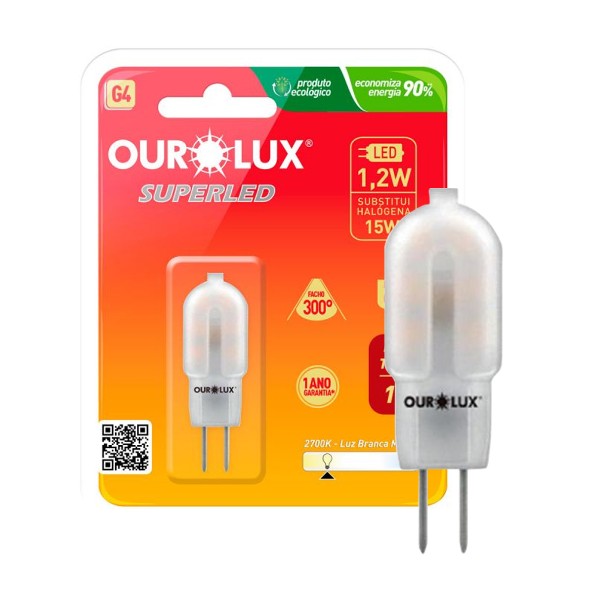 Lâmpada Led Bipino 1,2W 12V G4 2700K Luz Amarela - Ourolux
