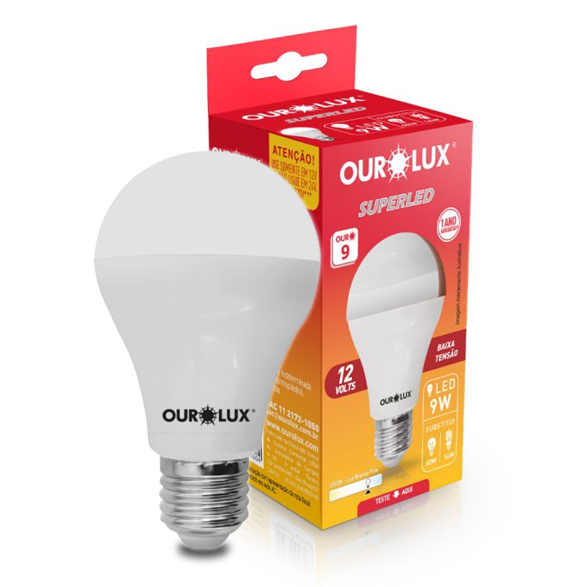 Lâmpada Led Bulbo A60 9W 12V E27 6500K Luz Branca - Ourolux