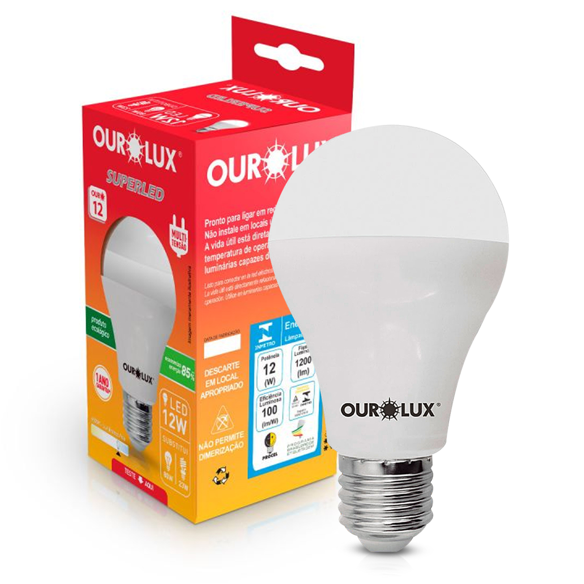 Lâmpada Led Bulbo A60 12W Bivolt E27 6500K Luz Branca - Ourolux
