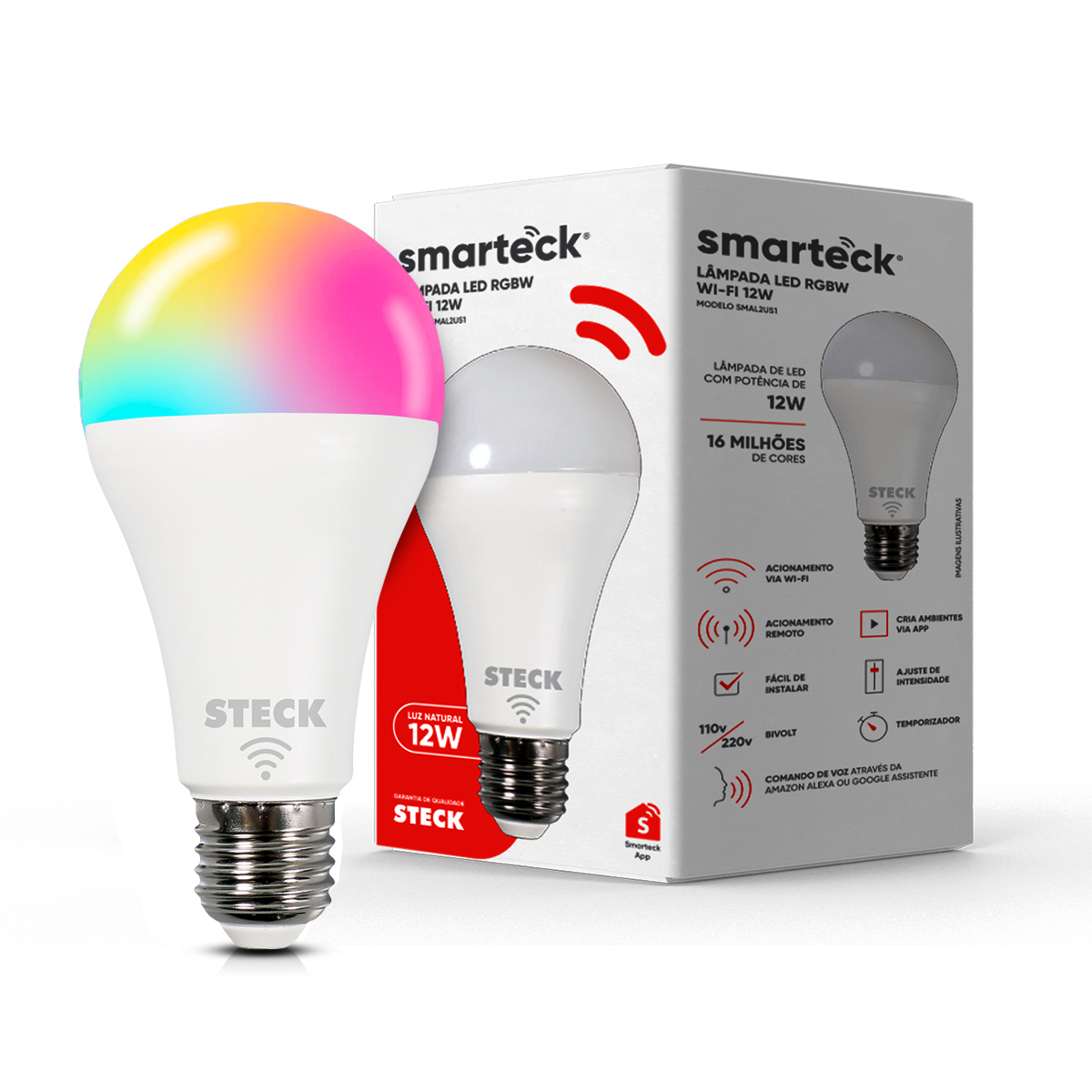 Lâmpada Led Inteligente Smart Wifi 12W Bivolt E27 RGB Com Assistente - Smarteck