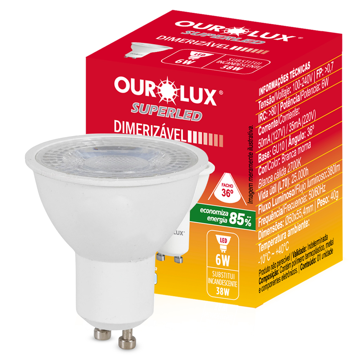 Lâmpada Led Dicroica Mr16 6W Bivolt Gu10 2700K Luz Amarela Dimerizável - Ourolux