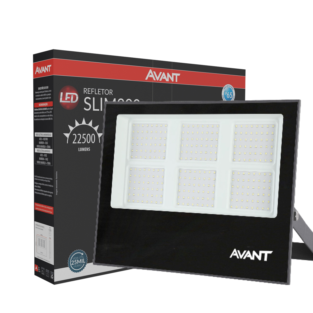 Luminária Refletor Led Retangular Sobrepor Preto 300W Bivolt Luz Branca 6500K 22500Lm 120G - Avant