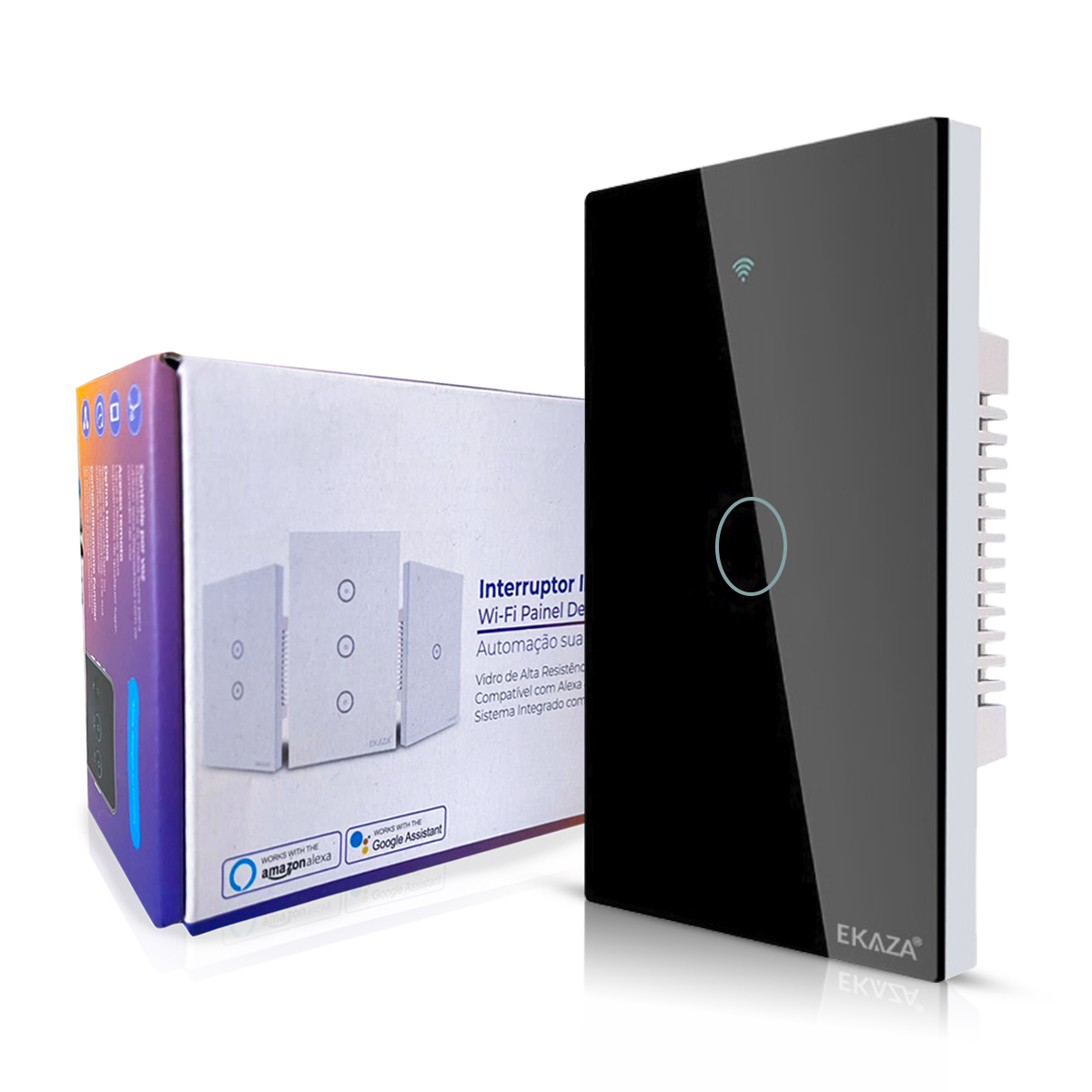 Interruptor Inteligente Smart Wifi Touch 1 Botão Bivolt 4X2 Preto Android/iOS Alexa/Google - Ekaza