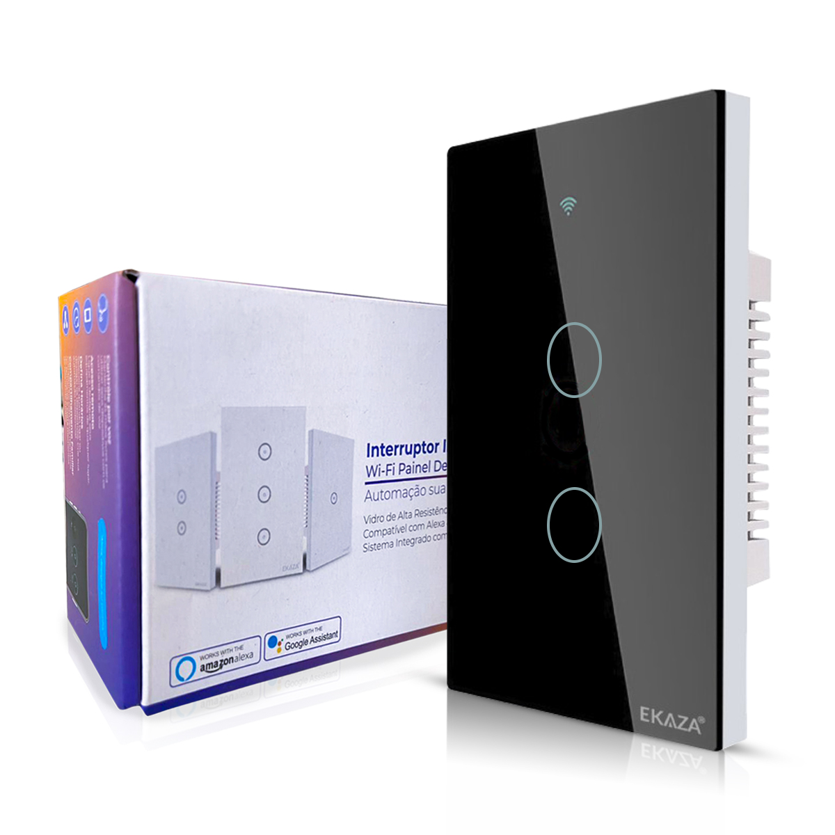 Interruptor Inteligente Smart Wifi Touch 2 Botões Bivolt 4X2 Preto Android/iOS Alexa/Google - Ekaza