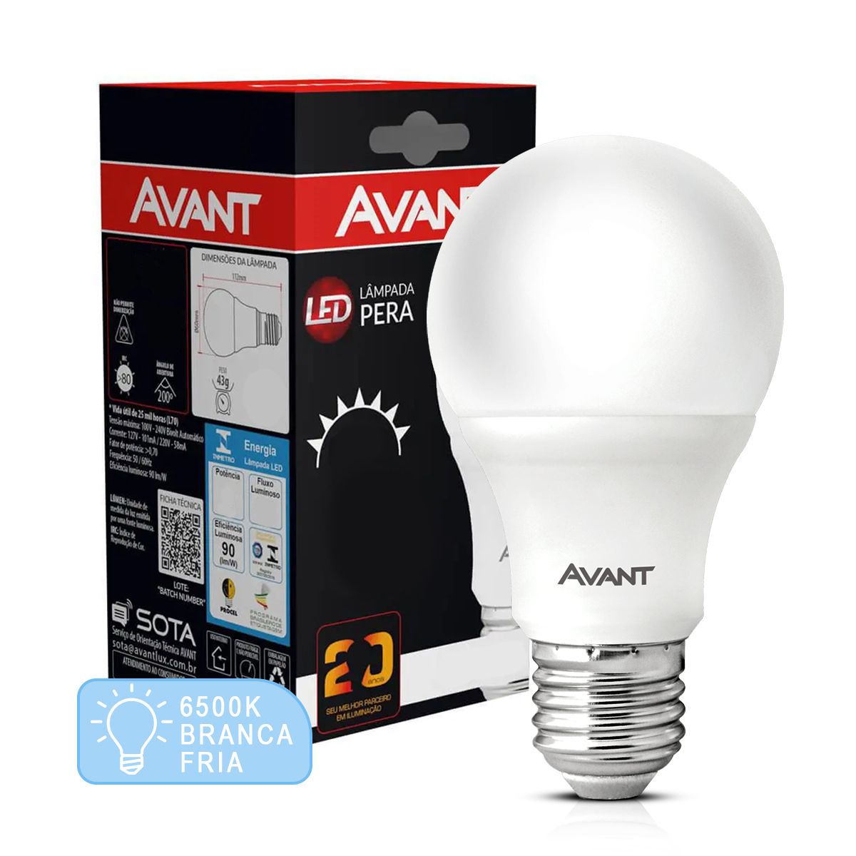 Lâmpada Led Bulbo A60 9W Bivolt E27 6500K Luz Branca - Avant