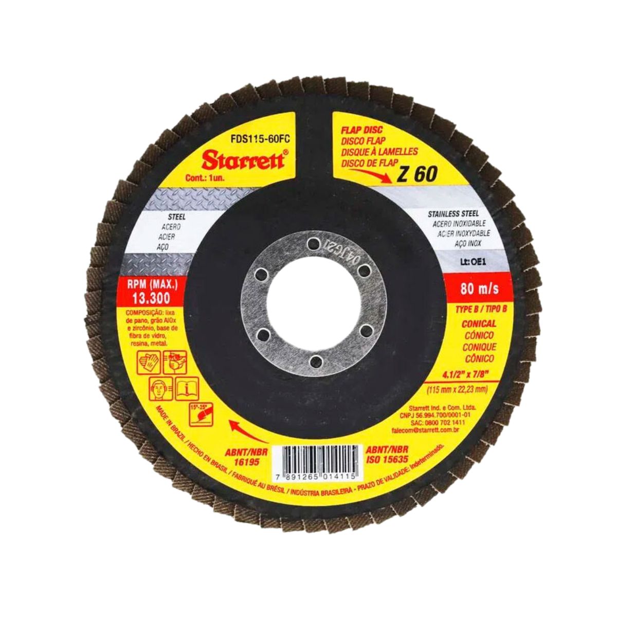 Disco Flap 4.1/2 (115Mm) Furo 7/8 (22,23Mm) Gr. 60 Fibra Vidro Cônico Tipo B FDS115-60FC Starrett