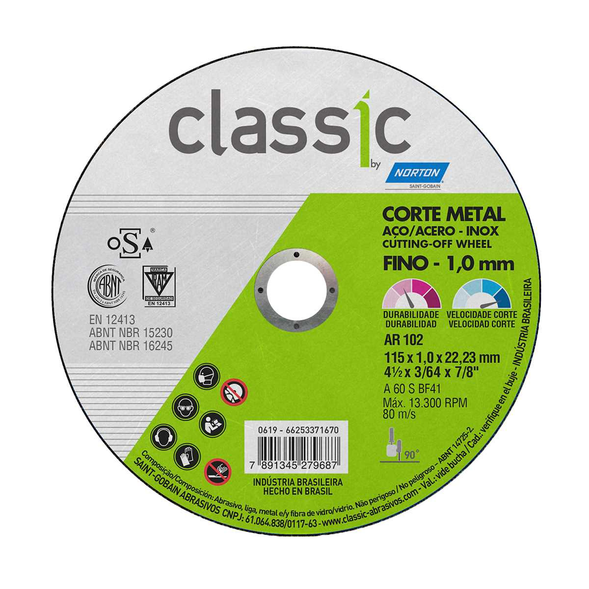 Disco De Corte Classic 115x1,0x22,23Mm Ar102 2 Telas Aço Carbono/Inox - Norton