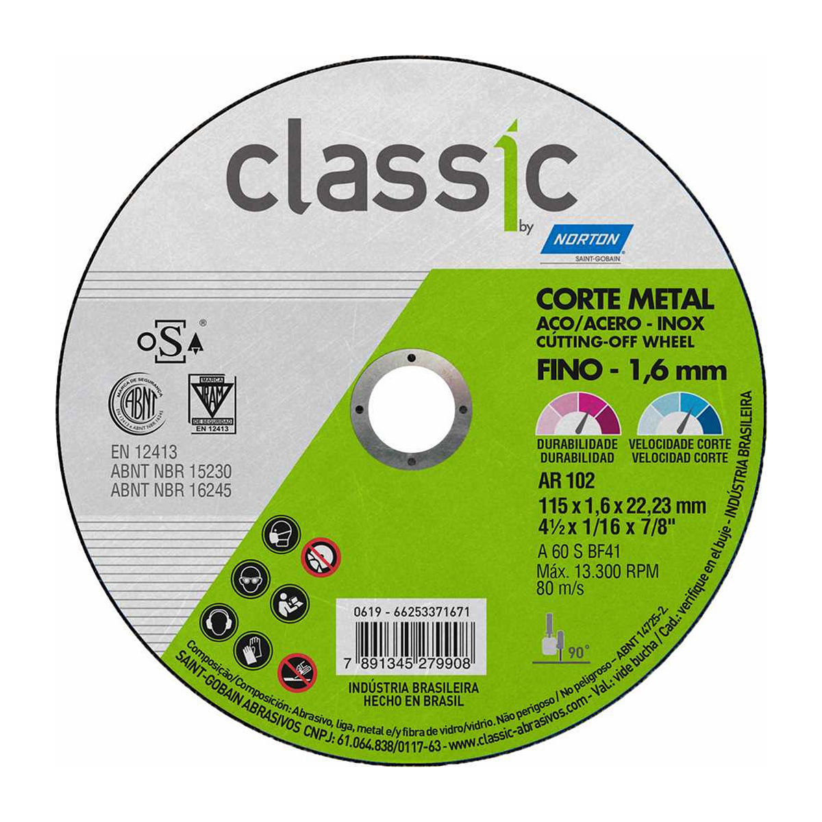 Disco Corte Classic 115x1,6x22,23Mm Aço Inox/Carbono Ar102 - Norton