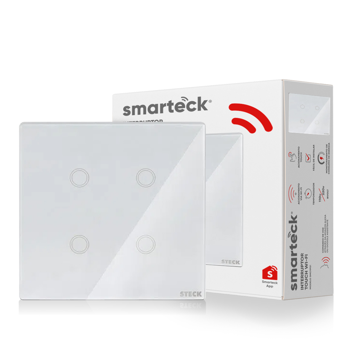 Interruptor Inteligente Smart Wifi Touch 4 Botões Bivolt 4X4 Branco Android/iOS - Smarteck