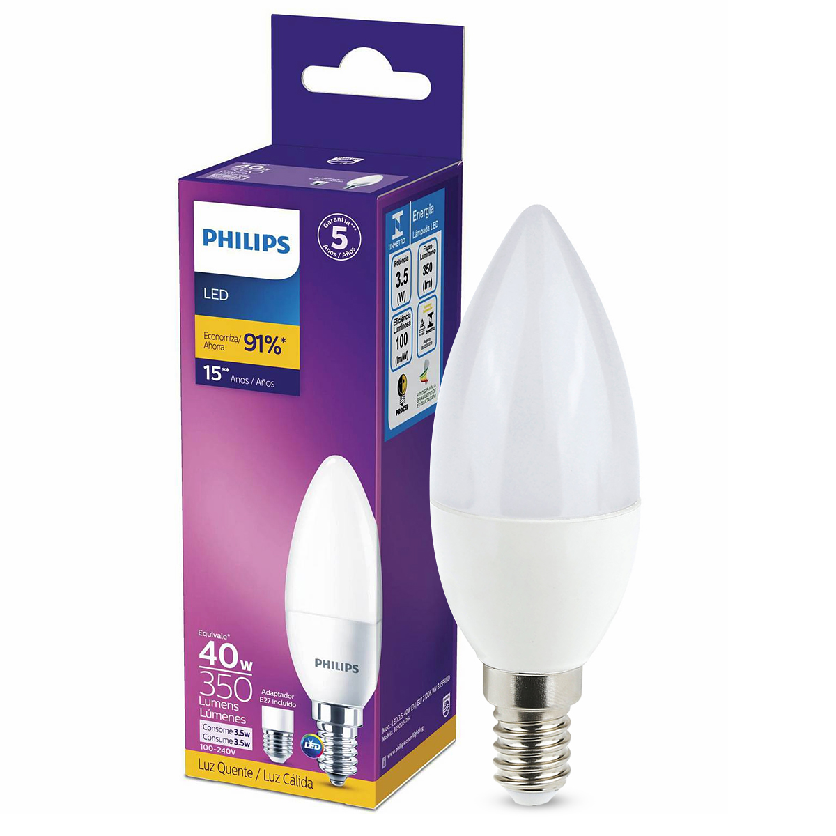 Lâmpada Led Vela 3,5W Bivolt E14 2700K Luz Amarela - Philips